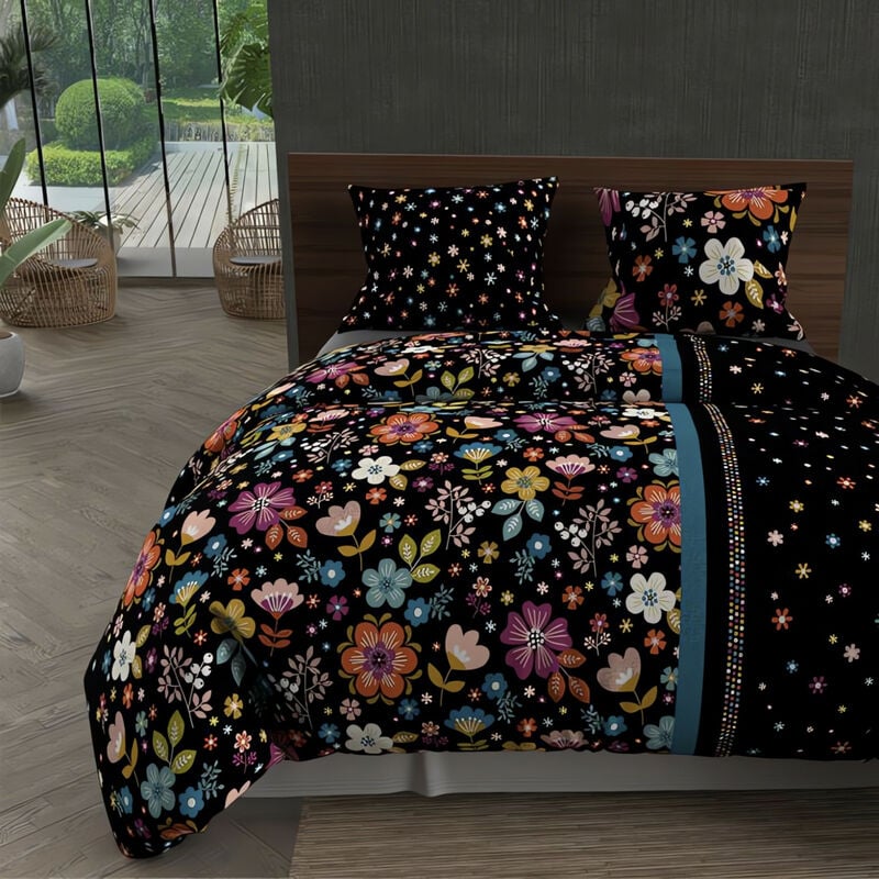 Parure housse de couette microfibre 240x220 cm flora noir, par Intemporel