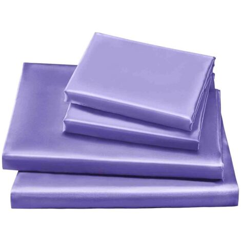Parure Lit Double Satin de Soie Violet - Luxe Confortable avec Drap-Housse, Drap Plat, Taies