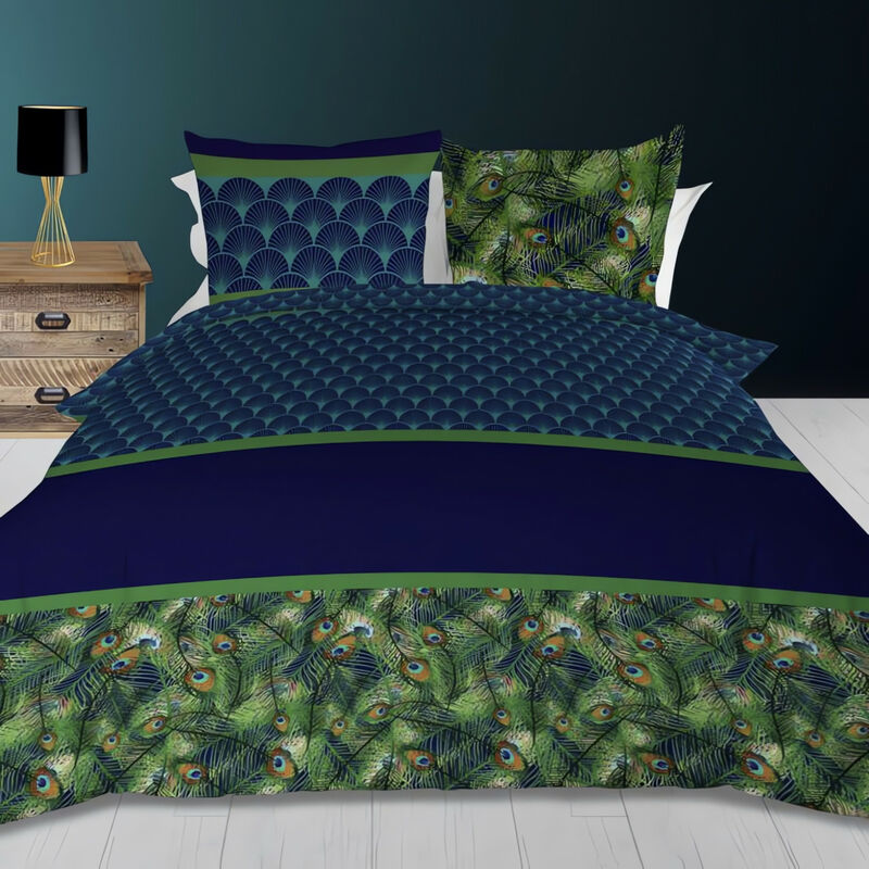 Parure housse de couette 260x240 cm en coton 57 Fils PAON bleu, par Soleil d'ocre