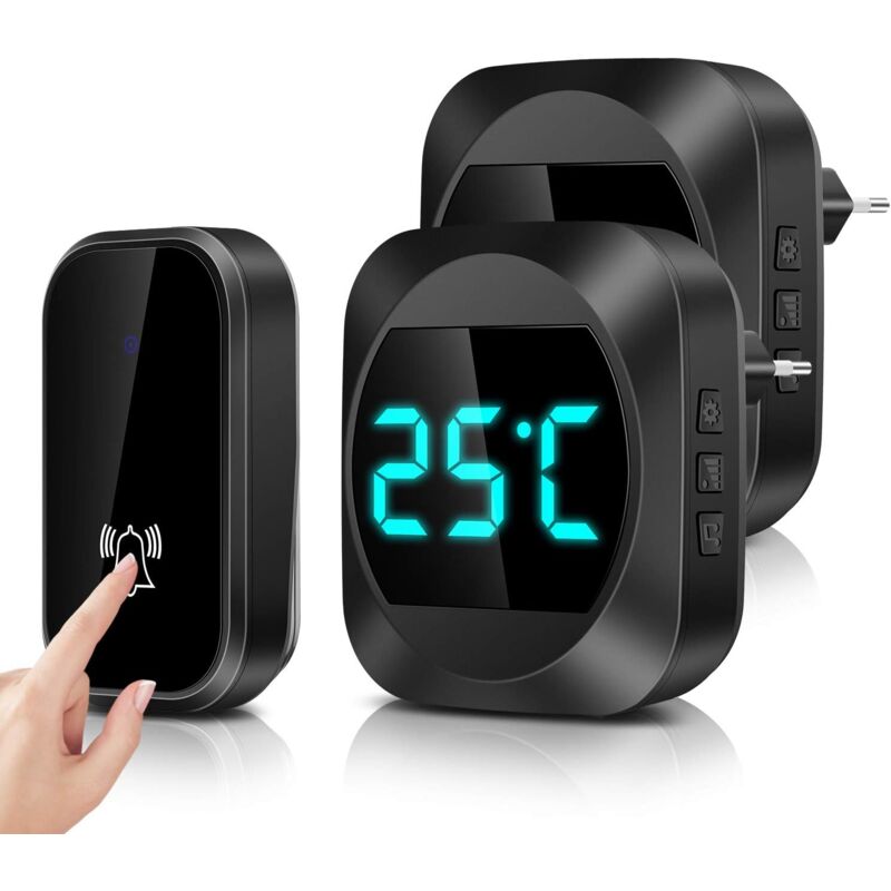 Langray - Pas Besoin de Piles] Sonnette sans Fil avec Température led, Sonnette de Porte étanche Kit de Carillon Electronique avec 2 Récepteur