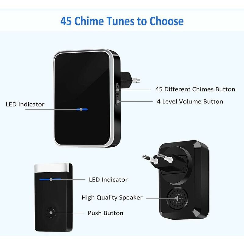 [Pas Besoin de Piles]Sonnette Sans Fil, Sonnette de Porte Étanche Kit de Carillon Electronique avec 2 Récepteur Enfichables, 150M Gamme, 45 Mélodies