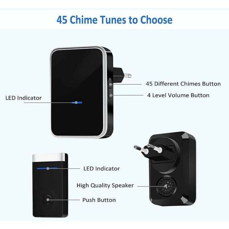 Debuns - Pas Besoin de Piles]Sonnette Sans Fil, Sonnette de Porte Étanche Kit de Carillon Electronique avec 2 Récepteur Enfichables, 150M Gamme, 45