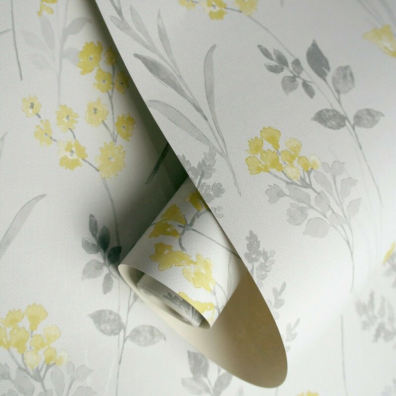 Holden Decor - Pashley Floral Grey Yellow Flowers Leaves Natural Wallpaper