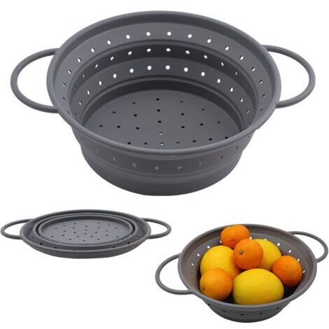 Passoire à Pâtes Pliable 21 cm Passoire Pliable Silicone Passoires de Cuisine avec Poignées Egouttoir Pâtes Retractable pour Egoutter Pâte Légumes Fruits, Grise