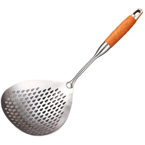 Passoire de cuisine en acier inoxydable 304, long manche, cuillère à pâtes et raviolis, bois jaune