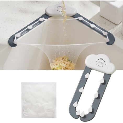 Passoire d'évier triangulaire avec filtre à eau, support à trois niveaux, étagère pliable et 100 sacs filtrants en filet - Gris