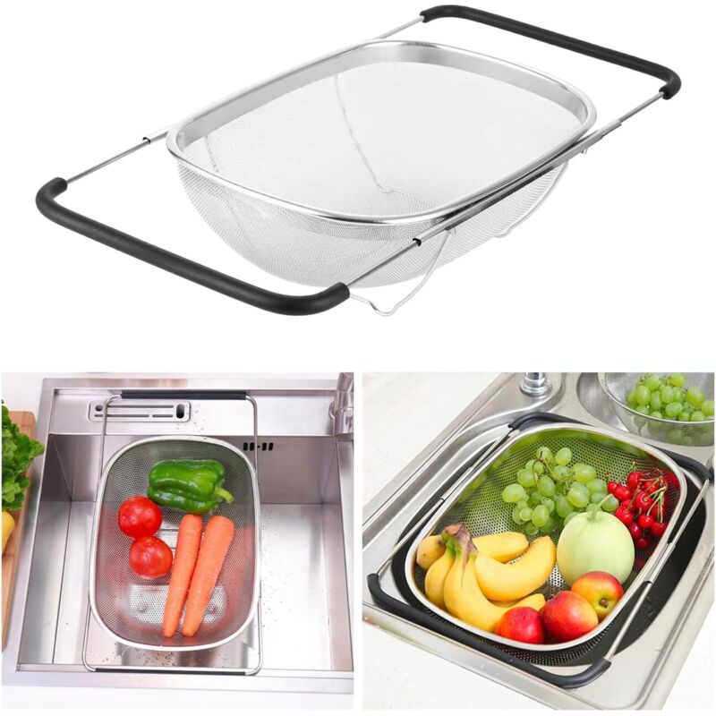 Passoire Evier Cuisine Inox avec Panier à Mailles Fines et Poignées Extensibles en Caoutchouc Retractable Passoire D'évier pour égoutter Laver Les