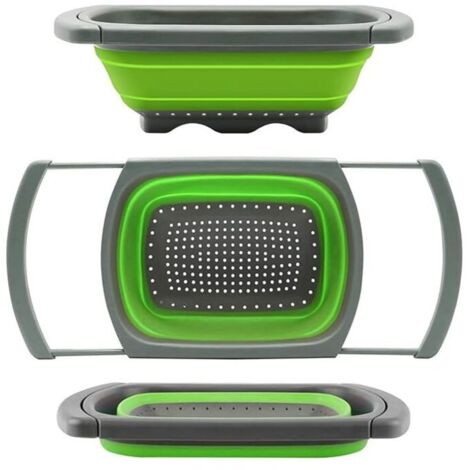 Passoire pliable, égouttoir de cuisine avec poignée extensible, égouttoir pliable en silicone pour évier, idéal pour les pâtes, les légumes, les tartes et les fruits (vert KLB)