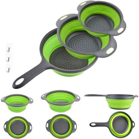 Passoire Poignée Passoire Ronde Pliable à Poser au-Dessus du Lavabo 3Pcs Silicone pour Fruits et Légumes, Passoire avec Poignées