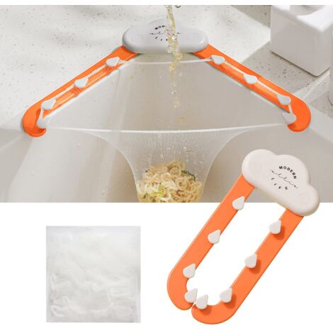 Passoire triangulaire pour évier avec support pliable et 100 sacs filtrants en maille - Orange