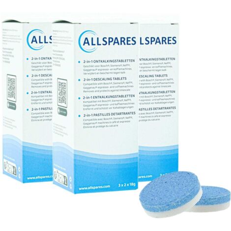 Pastillas descalcificadoras 2 en 1 AllSpares (18 pastillas de 18 g) aptas para cafeteras Bosch 311821 / 311975 / TCZ8002 / y Siemens Neff Gaggenau 00311975 / TZ80002