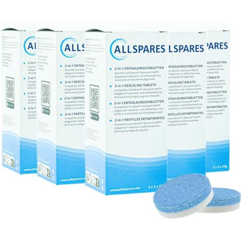 Pastillas descalcificadoras 2 en 1 AllSpares (30 pastillas de 18 g) aptas para cafeteras Bosch 311821 / 311975 / TCZ8002 / y Siemens Neff Gaggenau 00311975 / TZ80002