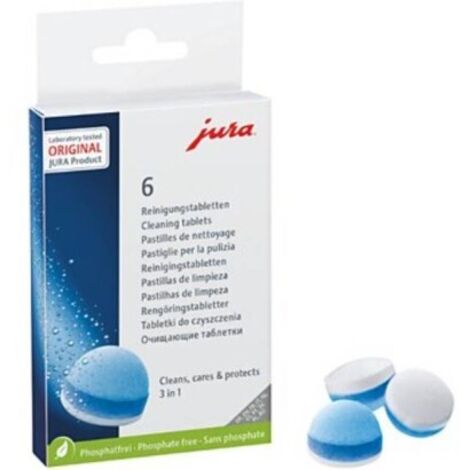 Pastilles de nettoyage 3 phases – Boîte de 6 pastilles – Formule sans phosphates – Nettoyage à 80 °C – Pour 48 tasses de café – Jura