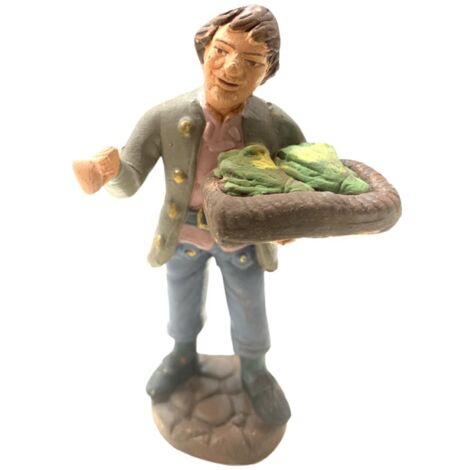 Pastore con vassoio e verdure statuetta in terracotta artigianale per presepe napoletano da h 10 cm