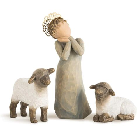 Pastorella, statuine del presepe intagliate e dipinte a mano, set da 3 pezzi.