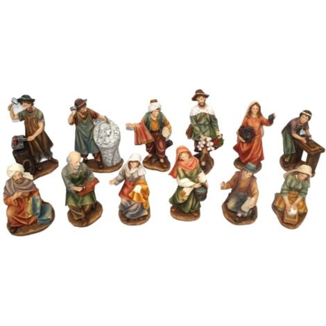 Pastorelli per presepe in poliresina con animali, doni e mestieri 12 soggetti -15 cm
