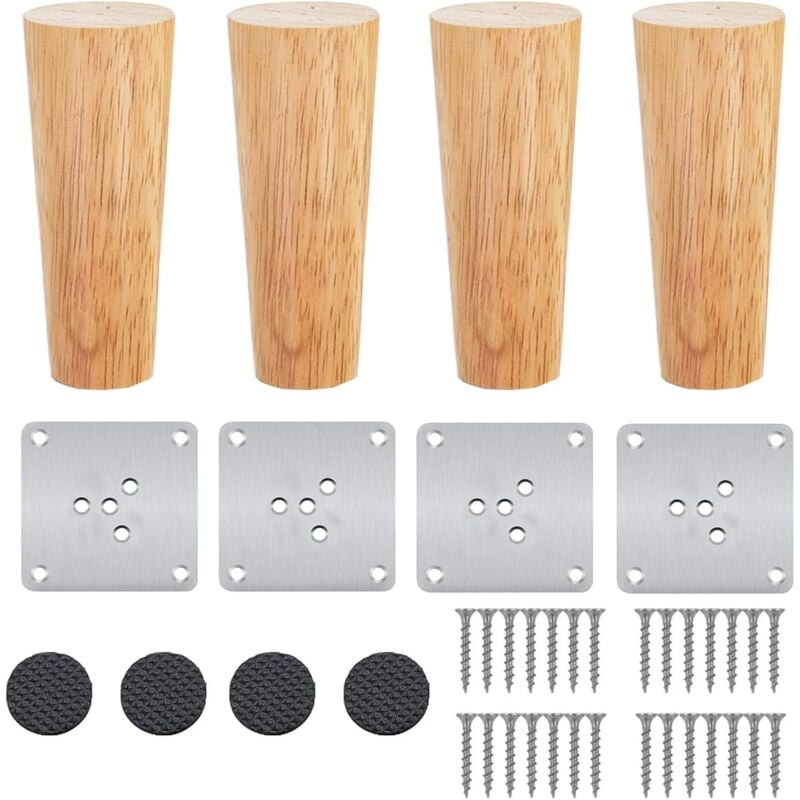 Patas de mesa de madera de 8 cm, 4 piezas de repuesto de patas de sofá cónicas de madera maciza, patas de muebles con placas de montaje y tornillos