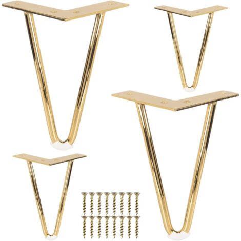 Patas metálicas para muebles de 10 cm, juego de 4 patas de mesa de hierro con forma de horquilla y tornillosOro