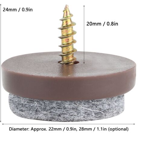 Patas para muebles – Protección acústica y contra arañazos para suelos – Paquete de 50 – Tornillos ajustables – Diámetro 28 mm – Altura 24 mm – Fieltro + ABS + Acero inoxidable – Madera marrón y gris