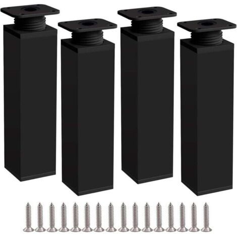 Patas para muebles ZVD, 4 patas de 20 cm, color negro, altura ajustable, fabricadas en aleación de aluminio, altura ajustable de 0 a 20 mm, incluye tornillos de acero inoxidable.