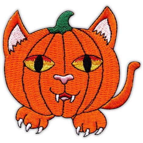 Patch Chat Citrouille Orange - Support thermocollant/scellable - Écusson/Badge/Emblème brodé