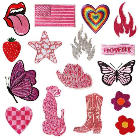 patch Thermocollant 16 Pices De Rose Cravate Tissu Autocollant Broderie Tissu Autocollant Amour Papillon Mignon Dessin Anim Vtements Dcoration Bri