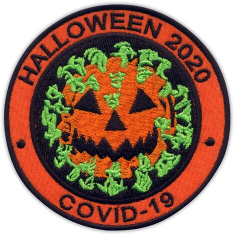 Patchion HALLOWEEN 2020 – Virus als Kürbis – Selbstklebende Rückseite – Gestickter Aufnäher/Abzeichen/Emblem