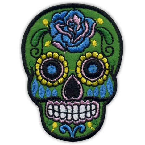 Patchion Mexikanischer Totenkopf Calavera grün – selbstklebende Rückseite – bestickter Aufnäher/Abzeichen/Emblem