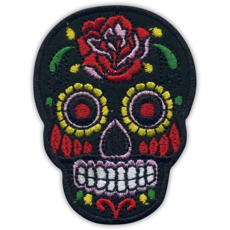 Patchion Mexikanischer Totenkopf Calavera schwarz – selbstklebende Rückseite – gestickter Aufnäher/Abzeichen/Emblem