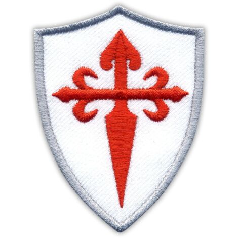 Patchion Rotes Kreuz des Heiligen Jakobus auf dem weißen Schild – selbstklebende Rückseite – gestickter Aufnäher/Abzeichen/Emblem