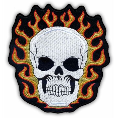 Patchion Totenkopf in Flammen – selbstklebende Rückseite – bestickter Aufnäher/Abzeichen/Emblem