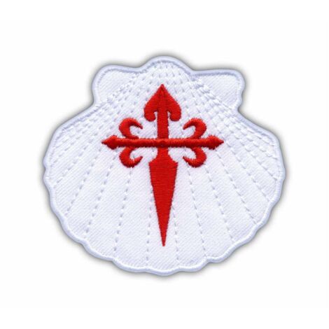 Patchion Weiße Muschel mit rotem Kreuz – Symbol des Heiligen Jakobus – Magnetische Rückseite – Gestickter Aufnäher/Abzeichen/Emblem