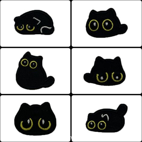 Patchs brodés noirs - Lot de 6 appliqués en tissu cartoon Autocollants décoratifs brodés pour vêtements, sacs et cahiers DIY