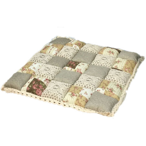 Patchwork chair cushion with non-slip ties and lace trim, chair cushion for kitchen or dining room