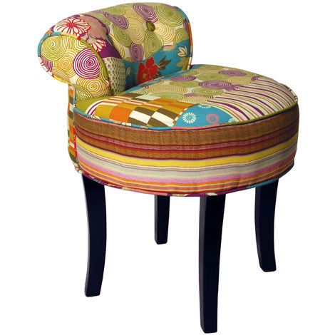 PATCHWORK - Shabby Chic Chair Padded Stool / Wood Legs - Multi-coloured - Black / Multi-coloured