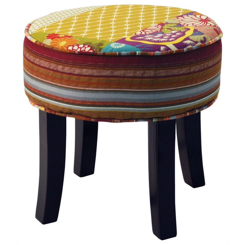 Watsons - PATCHWORK - Shabby Chic Round Pouffe Padded Stool /Wood Legs - Multi-coloured