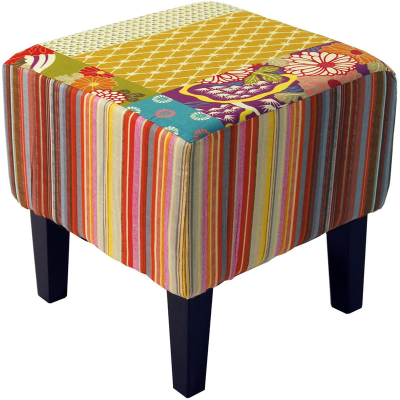 PATCHWORK - Shabby Chic Square Pouffe Padded Stool /Wood Legs - Multi-coloured