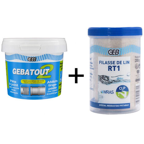 Pâte à joint Gebatout 500Gr et son Dévidoir 200Gr de filasse de lin RT1 pour étanchéité des réseaux sanitaires - Certifié au contact eau potable - GEB