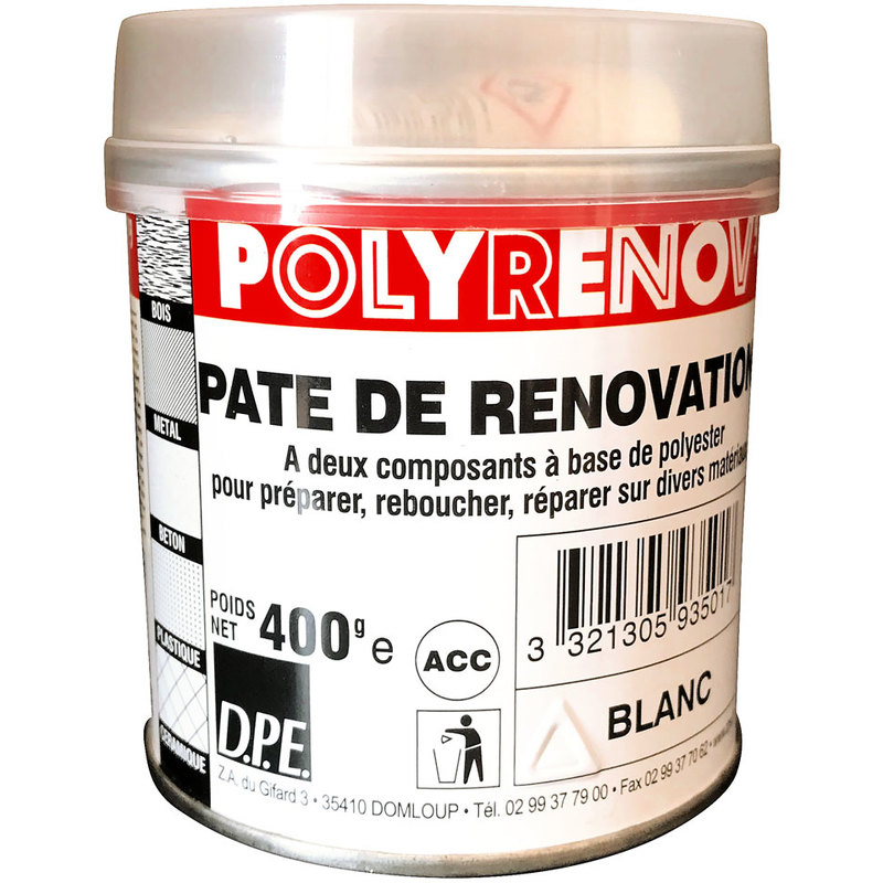 DPE - Pate de renovation bi-composant à base de polysester pour préparer, reboucher, réparer sur de nombreux matériaux (400g) : Polyrenov'