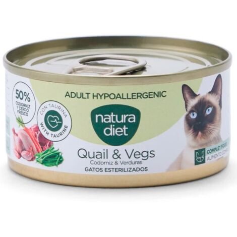 Pâté hypoallergénique Natura Diet CAT pour chats adultes, caille et légumes, boîte de 85 g x 24