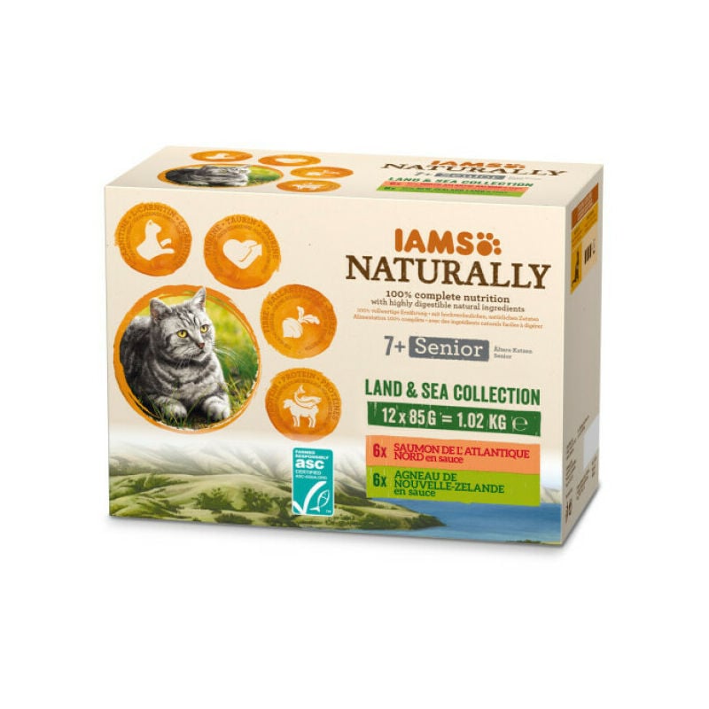 Pâtée en sauce IAMS Naturally pour chat Senior Pack Saumon & Agneau- 12 x 85g