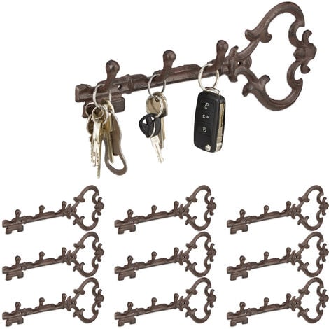 Patère 3 crochets pour clefs en lot de 10, porte-manteaux forme de clé antiquité en fonte HxlxP: 12,5x33x4,5 cm, marron