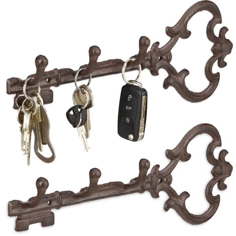 Patère 3 crochets pour clefs en lot de 2, porte-manteaux forme de clé antiquité en fonte HxlxP: 12,5x33x4,5 cm, marron
