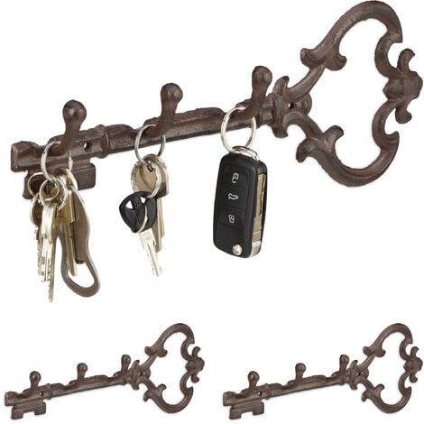Patère 3 crochets pour clefs en lot de 3, porte-manteaux forme de clé antiquité en fonte HxlxP: 12,5x33x4,5 cm, marron
