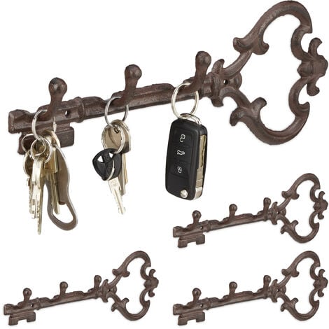 Patère 3 crochets pour clefs en lot de 4, porte-manteaux forme de clé antiquité en fonte HxlxP: 12,5x33x4,5 cm, marron