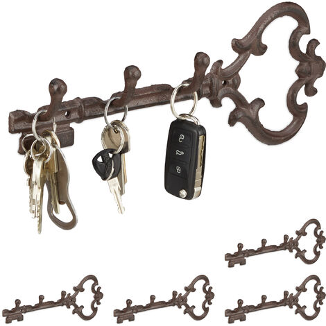 Patère 3 crochets pour clefs en lot de 5, porte-manteaux forme de clé antiquité en fonte HxlxP: 12,5x33x4,5 cm, marron