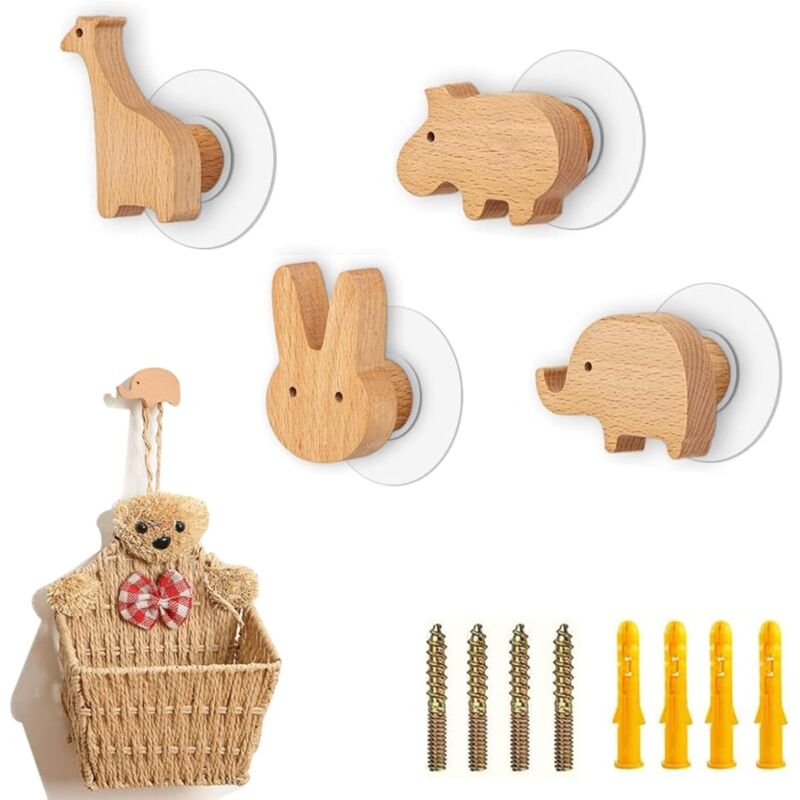 Patere 4 Pièces Porte-Manteau Mural De Dessin Animé Crochet Mural Zoomorphe En Bois De Hêtre Crochet En Bois Naturel Pour Derrière La Porte Chambre