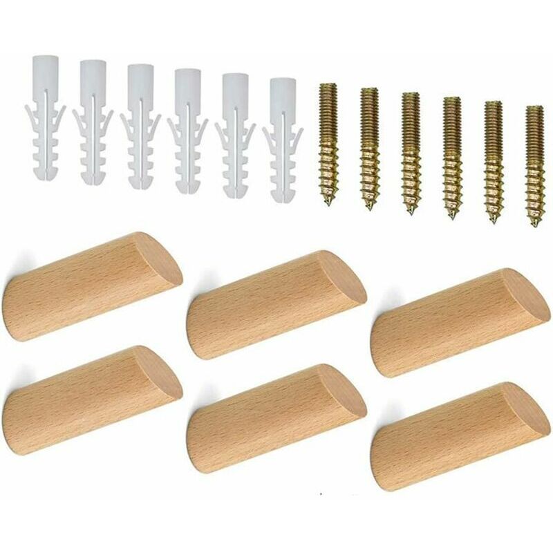 Patère Bois, 6 Pièces 36 Patère En Bois Naturel, Patere Murale, Crochet En Bois, Crochets Muraux En Bois, Avec Accessoires De Vis, Pour Suspendre Les