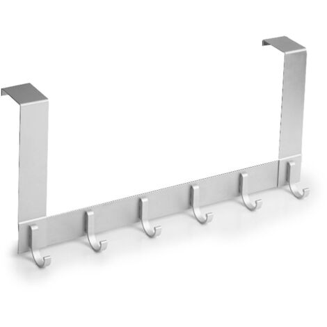 Patère de porte avec 6 crochets en aluminium pour portes de 35 à 45 mm d'épaisseur, sans perçage, 20 cm, argent