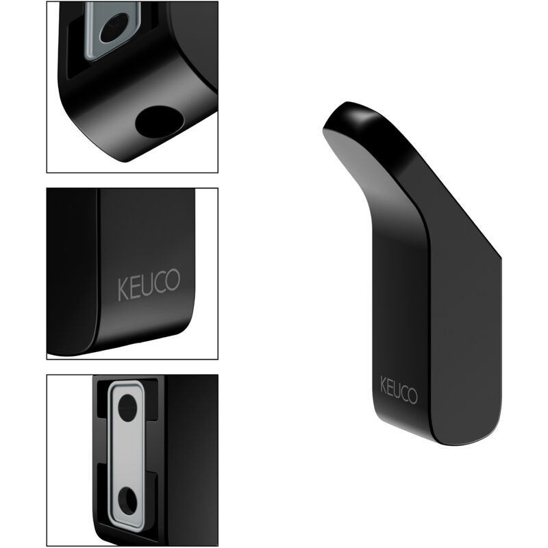 Keuco - Patère Rose à coller ou à percer, en métal, noir mat, rond, kit de collage inclus, pour salle de bains ou wc, patère pour serviettes et